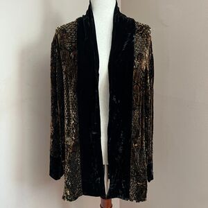 Jenny Helene Velvet Burnout Silk Blend Kimono Bohemian Artsy Size L Brown Black